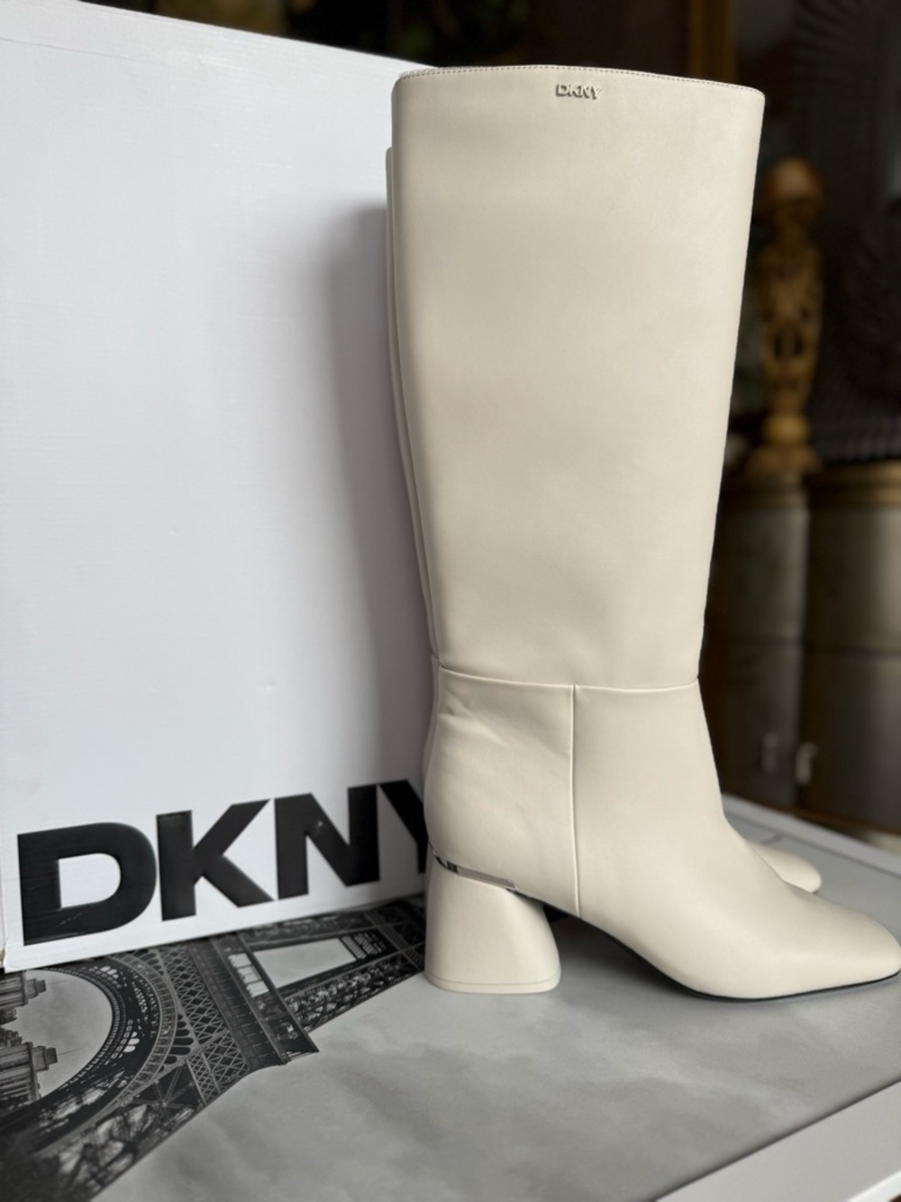 DKNY Women's off white Knee-High faux leather Boots block heels